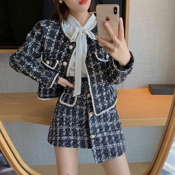 

new vintage 2 piece set women designer runway tweed single breasted jacket pearls button short coat split mini plaid skirt suits, Gray