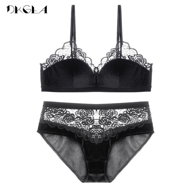 

2020 new velvet bras lace lingerie set blue thin cotton brassiere women underwear set wire embroidery bra panties sets c1212, Black;white