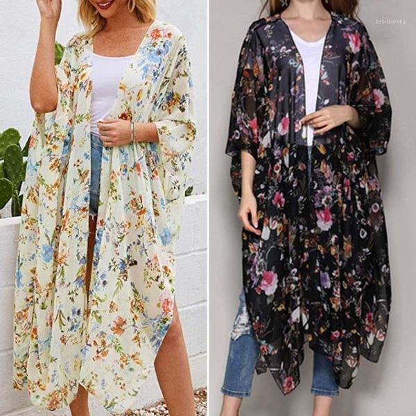 

stylish women's printed 2020 zanzea summer chiffion blouse 3/4 sleeve shirts female casual floral tunic kimono cape 5xl1, White