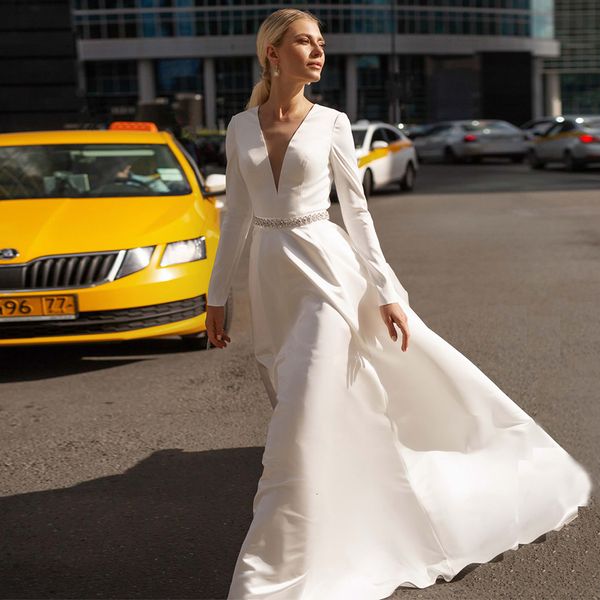 

new 2021 satin bridal gown long sleeves v neck beading belt open back elegant wedding es vestido de noiva 0m6q, White