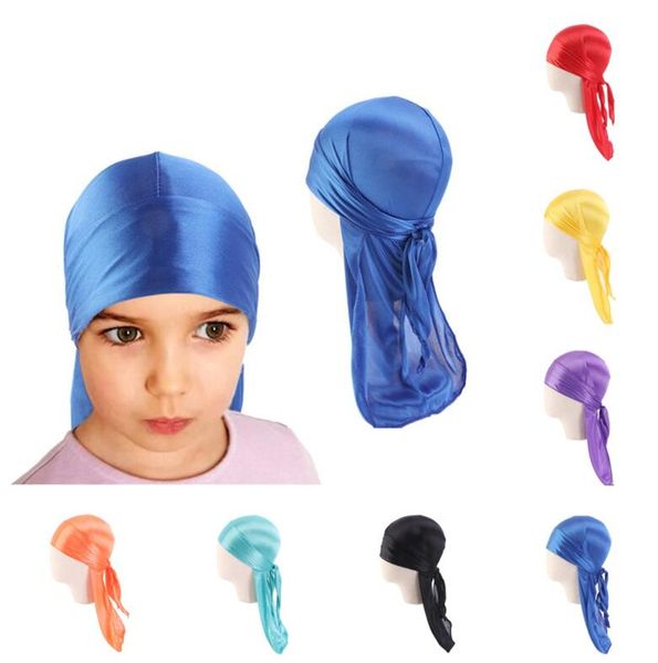 

kids boy girl silky durag baby long tail dorag durags satin turban wigs headwrap children headband pirate hat headscarf hip hop caps e112701, Yellow