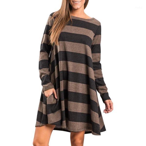 

fashion new 2020 ladies striped pocket long sleeve dress womne o-neck fashion stripe print pocket long sleeve mini dress1, Black;gray