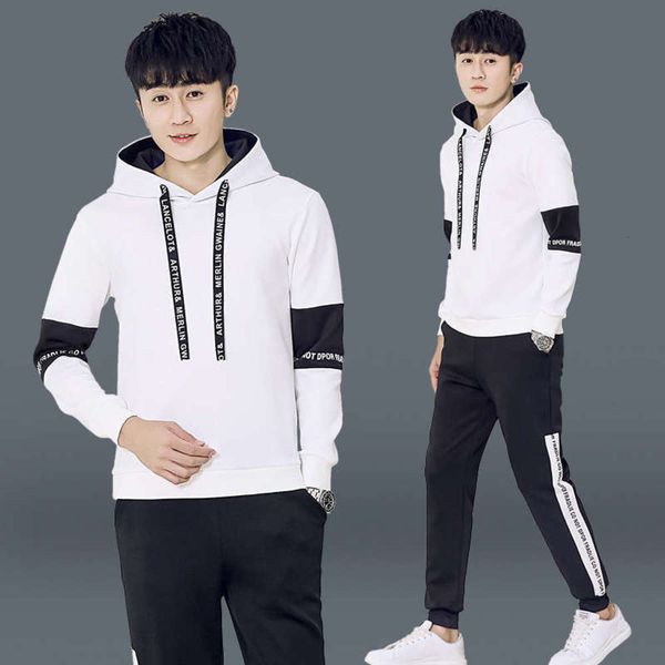 

two autumn and winter new sports piece set korean fashion pullover hooded casual sweater suit men's sportswear, Gray