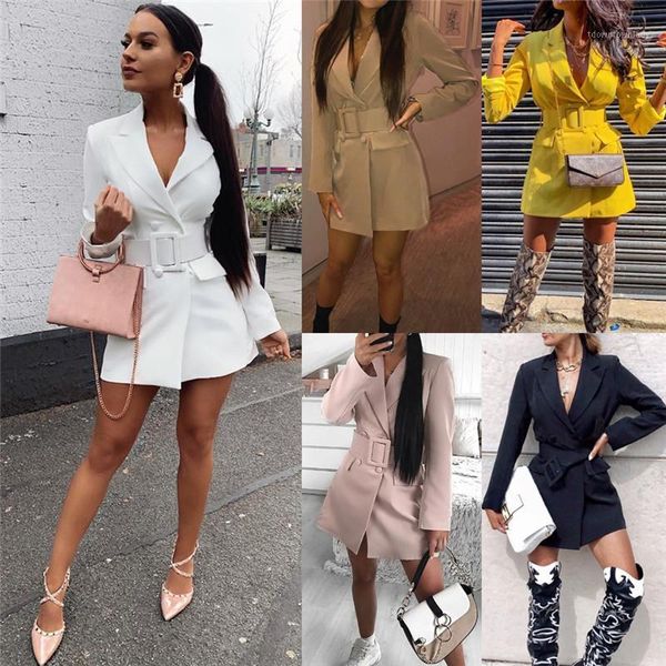 

women's suits & blazers hirigin women slim bodycon lapel double breasted belt long sleeve deep v-neck dress coat jacket outwear fall 1, White;black