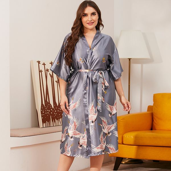 

Oversized Sexy Nightgown Satin Print Women Robe Kimono Bathrobe Gown V-Neck Nightdress Bridal Wedding Intimate Lingerie, Gray