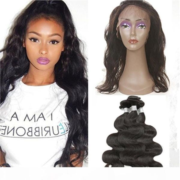 

body wave 360 lace frontal with bundles malaysian remy hair body wave human hair extensions with 360 frontal closure pre plucked, Black;brown