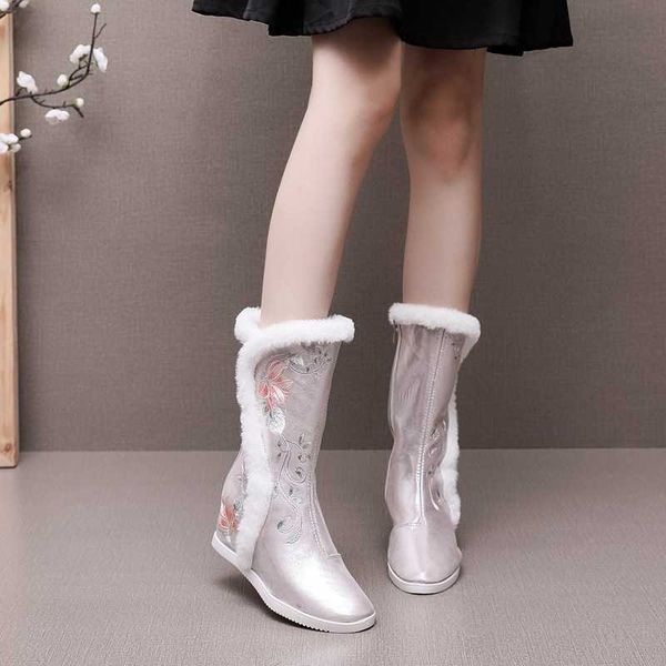 

hanfu plush thickened knee length inner raised embroidered dance shoes performance high-heeled cotton boots women's boots, Black