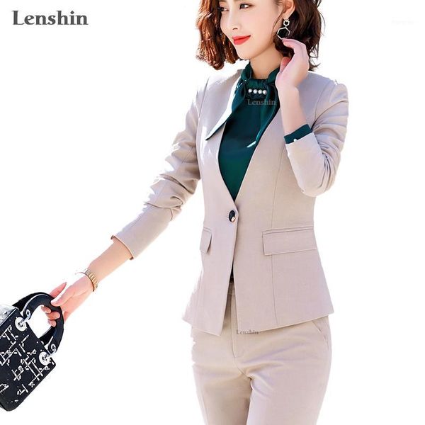 

lenshin 2 piece sets beige pant suits formal lady office uniform designs women elegant business work wear jacket with trousers1, White