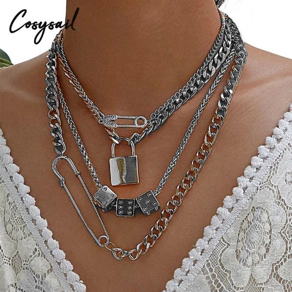 

chains cosysail 4pcs/set indie harajuku fun dice padlock pendant necklace for female egirl paper clip choker party jewelry, Silver