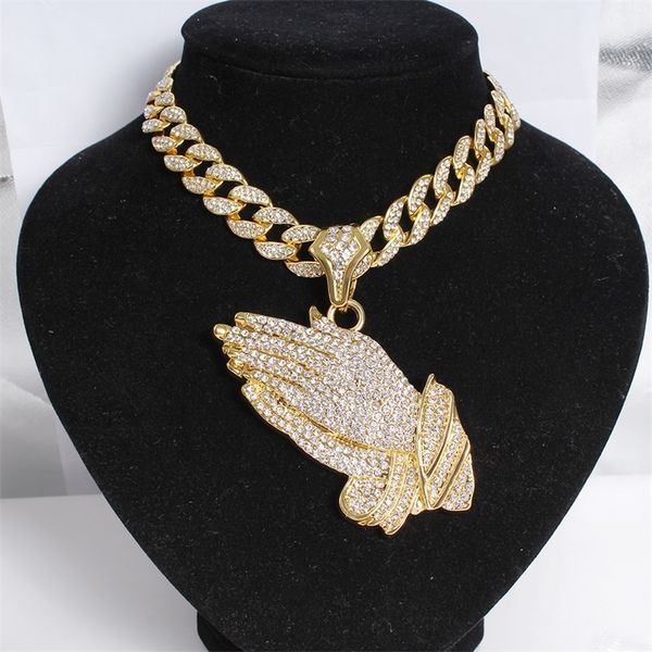 

new arrival big prayer hands pendant with 15mm 18" full iced out miami cuban choker chain necklace men hip hop jewelry gift 201013, Silver