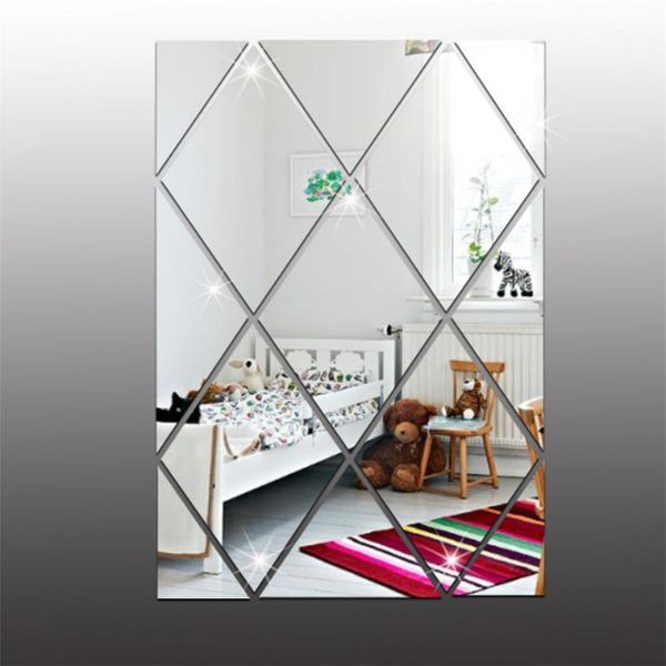 

wall stickers 13pcs/set modern rhombus mirror sticker for bathroom tv background eco-friendly ps decal home decor adhsive wallpaper1