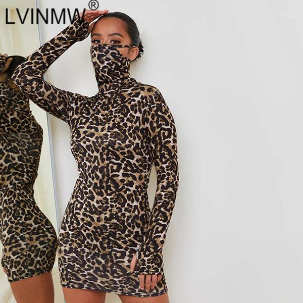 

lvinmw turtleneck ear hanging leopard slim mini dress holes fashion autumn dresses women temperament waisted bodycon1, Black;gray