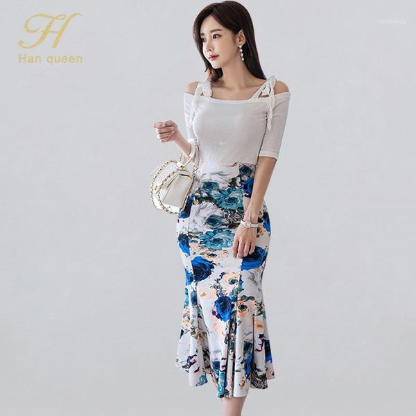 

han queen women summer work wear 2 pieces suit off the shoulder blouses & print sheath skirt casual occupation set1 two piece dress, White