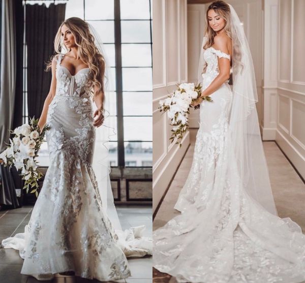 

2021 beach robe de soirÃ©e de mariage mermaid berta wedding dresses lace applique off the shoulder bridal gowns long train, White