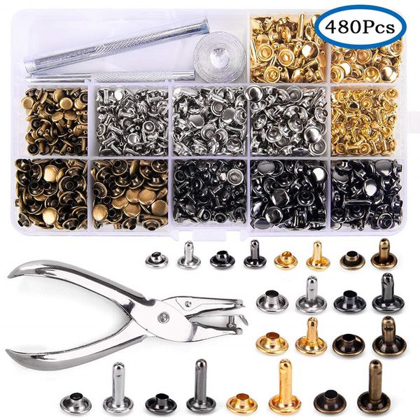 480 Conjuntos Rebites de Couro Duplo Cap Rebite Tubular Metal Tubulações com Punch Alicates Fixação Conjunto Ferramentas para DIY Couro Craft 4 Cores 3 Tamanhos 3