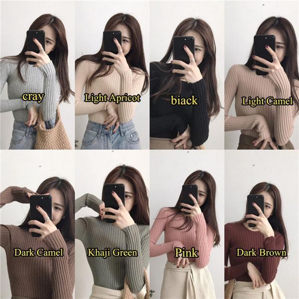 

2020 autumn winter outfits women long sleeved knitted sweater round neck high elastic slim jumper soft warm pull femme1, White;black