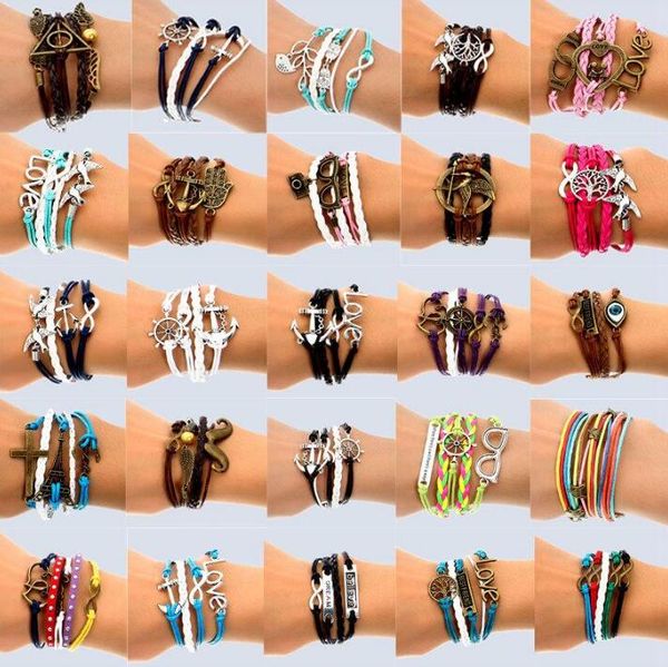 

wholesale hand made 30 mix style infinity leather alloy fashion cuff bracelet charm bracelet vintage accessories lover gifts dhl, Golden;silver