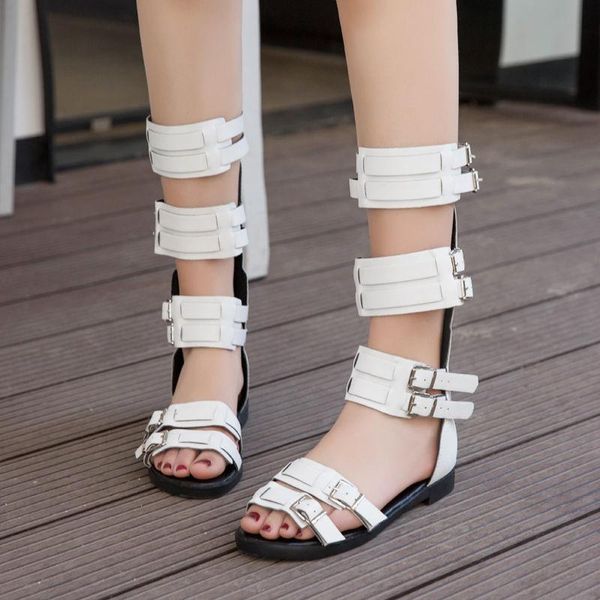 

roman gladiator bandage sandals women knee high flat sandalias botas femininas women shoes girls summer hollow ankle boot, Black