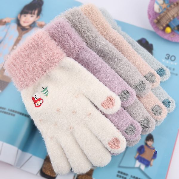 

winter warm gloves touch screen female christmas cartoon snowman pattern embroidery imitation mink hair lovely knitted gloves, Blue;gray