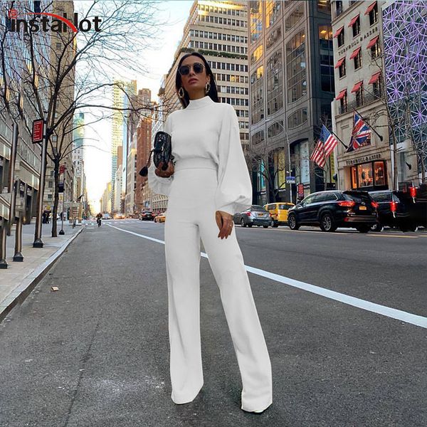

instapuff elegant women two piece set puff long sleeve and flare pants autumn office ladies sets casual fashion sets lj201126, White
