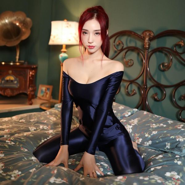 

two-piece long-sleeved one-neck slim-fit home wear trousers high stretch round satin-like one-neck thermal underwear drop shipping, Black;white