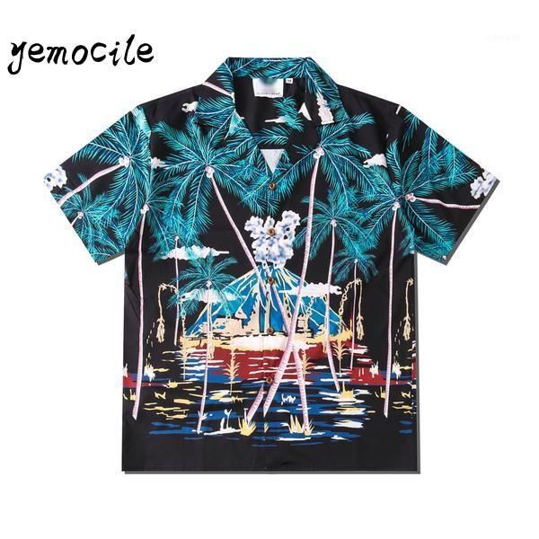 

hi hop harajuku men wear summer casual beach shirts coconut tree print loose short sleeve shirt streetwear shirt1, White;black