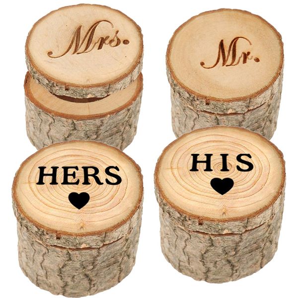 Hölzerne Ringkasten DIY personalisierte Ehering-Kasten 1 Paar sein HERS MR MRS Gravraved Ring Runder Box