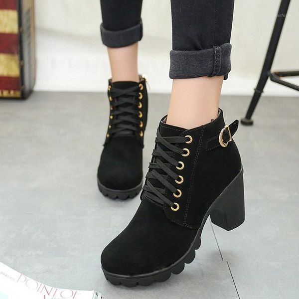 

quality winter boots women fashion high heel lace up ankle boots ladies buckle platform shoes high heels bota feminina1, Black