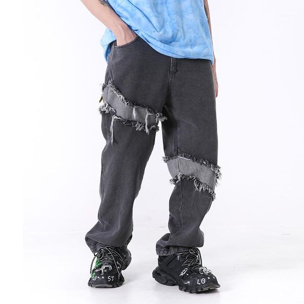 

harajuku high street retro washed edge patchwork jeans pants men and women loose zipper hip hop denim trousers wide leg1, Blue