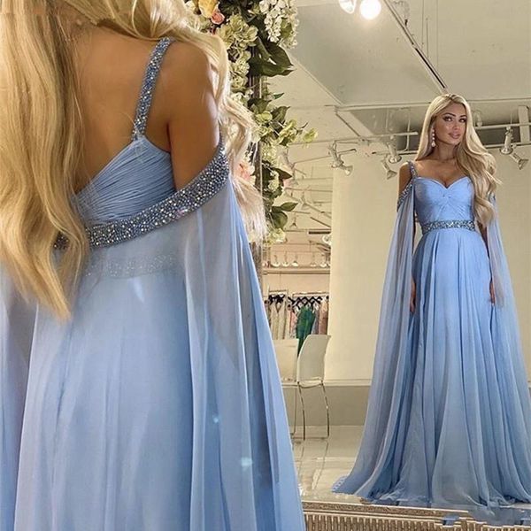 Nova Chegada Barato Gelo Azul Uma Linha Vestidos de Noite com Envoltórios Espaguetes Correias Contas Chão Comprimento Prom Vestido Formal Vestidos de Noite Vestidos