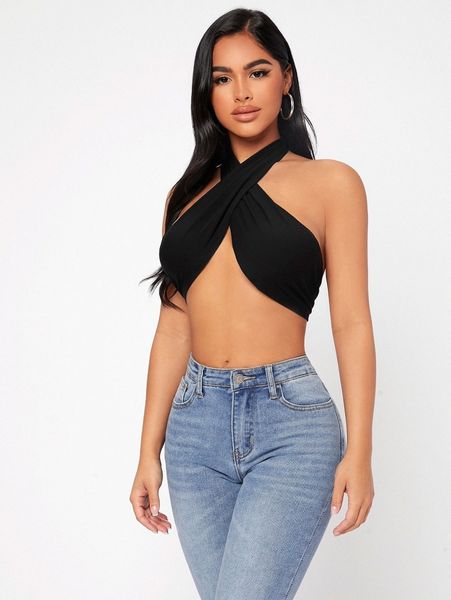 

petite solid crop wrap halter b6sv#, White