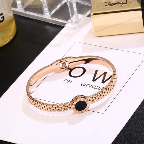 

titanium steel classics rome numerals bangle fashion jewelry rose gold bracelet black round concise wristlet jewel women1