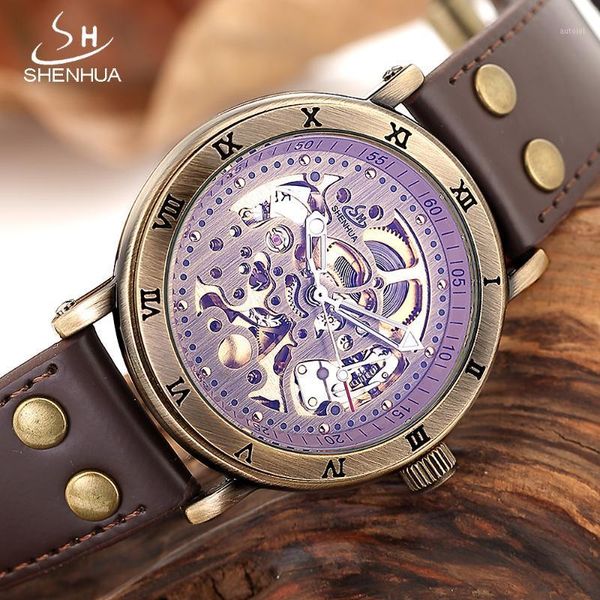 

vintage shenhua steampunk skeleton watch men bronze mechanical automatic transparent watches male luminous hands wristwatch1, Slivery;brown