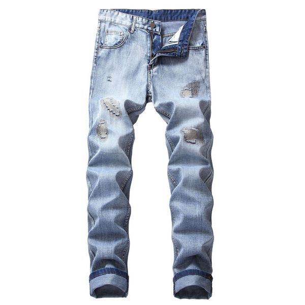 

men jeans denim embroidered washed trouser vintage male distressed slim biker jean female pants plus size, Blue