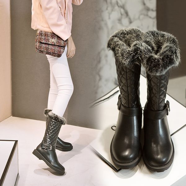 

women's mid-calf more size 22-26.5cm royal hair rabbit skin winter fur warm teddy boots thin shoes d028, Black