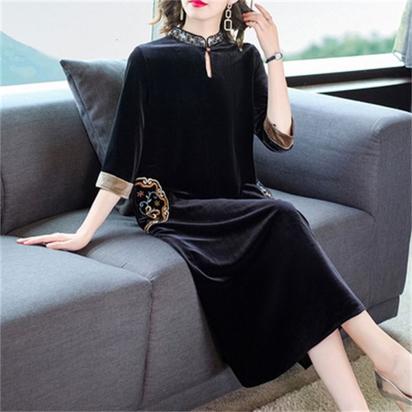 

elegant women embroidered in velvet women's designer long party vintage chinese-style robe dressed as ladies'muje kqm8, Black;gray