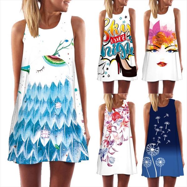 

2020 fashion 3d printed summer dress women loose cute party dress sleeveless o neck casual chiffon dresses vestidos, Black;gray