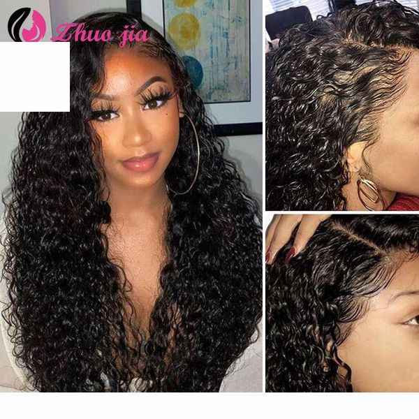 

zhuo jia lace front human hair wig 13x6 water wave human hair wig 150 density brazilian pre-plucked with baby hair for women, Black
