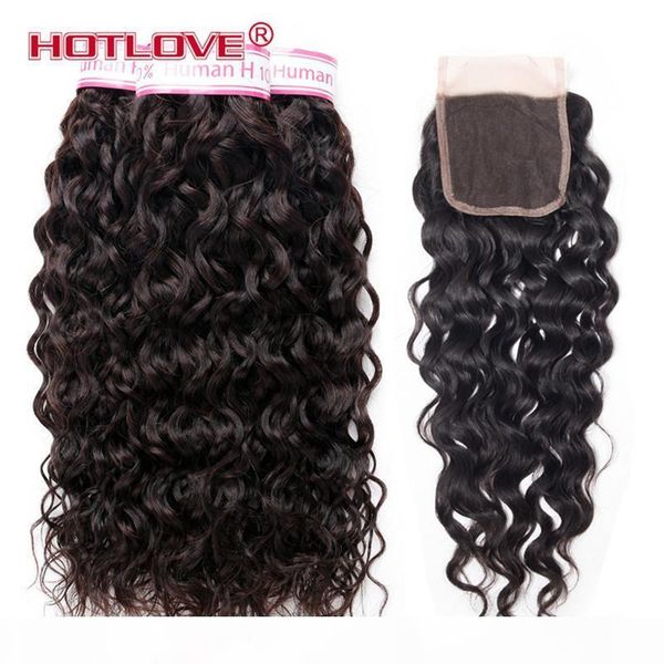 

malaysian virgin human hair bundles with closure water wave natural black 3 bundles hair weave with closure baby hair part, Black;brown