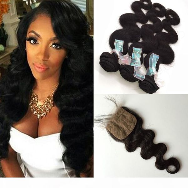 

3 bundles body wave virgin hair with 1 pcs silk base closure peruvian hair bundle deals human hair weave, Black