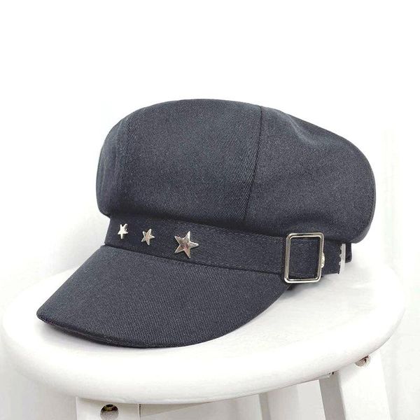 

cokk осень зима шляпа женщин берут новостной купюрой крышка заклепки звезда хлопчатобумажная восьмиугольная шляпа женское черно-белое корейс, Blue;gray