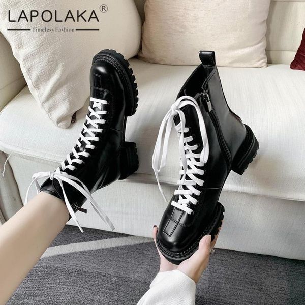 

boots lapolaka 2021 ins dropship woman shoes platform chunky heels zip up ankle boot comfortable motorcycle, Black