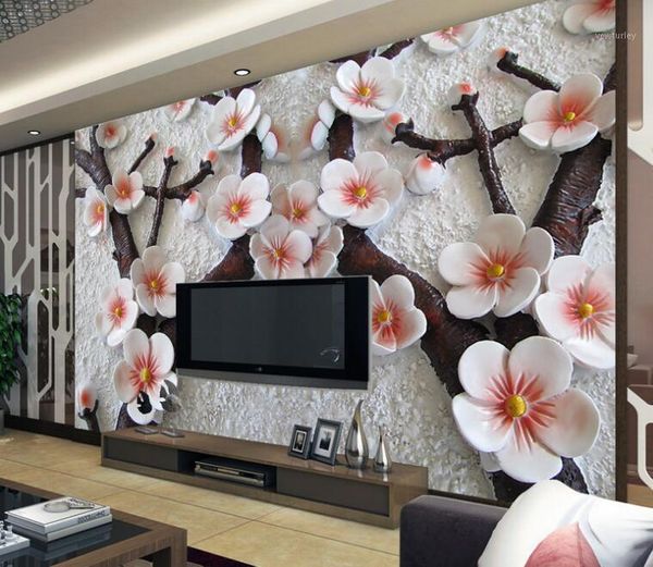 

wallpapers cjsir 3d custom po wallpaper wall murals stickers relief stereo plum blossom tv papel de parede para sala atacado1