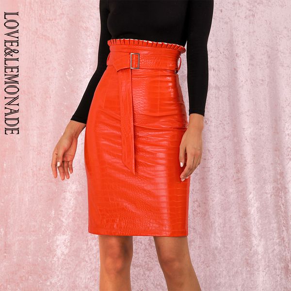 

love&lemonade fluorescent orange high waist ruffled slim pu skirt (with belt) lm82115 t200113, Black