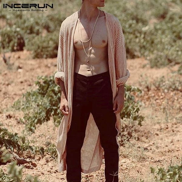 

incerun vintage striped men cardigan long sleeve trench casual loose cloak streetwear longline outerwear jackets autumn coat men1, Tan;black