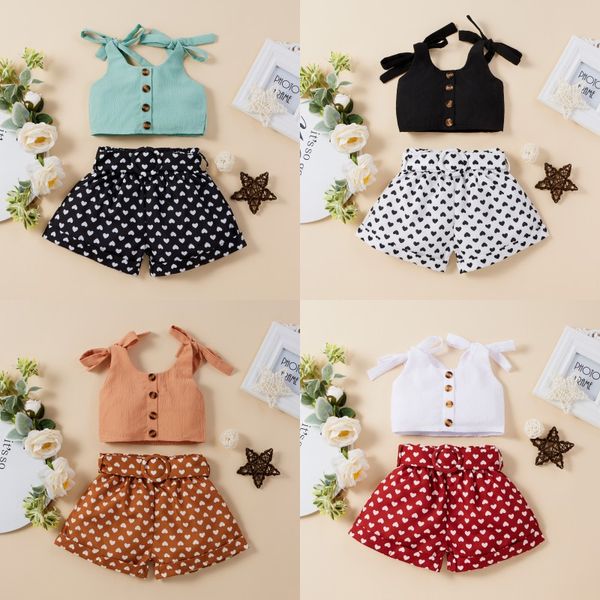 Kleinkind Baby Mädchen Sommer 2Pcs Kleidung Sets Feste Bandage Hosenträger Tops Herz Dot Kurze Hosen Casual Kinder Outfits 20220308 H1