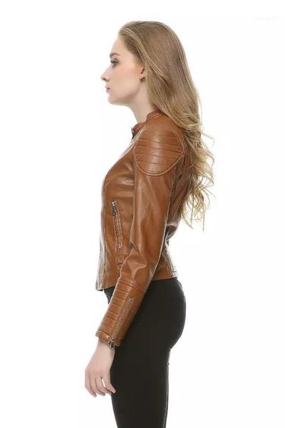 

women's leather & faux wholesale- women short jacket brown black sml slim fit motorcyle coat female outwear clothe casual autumn high q