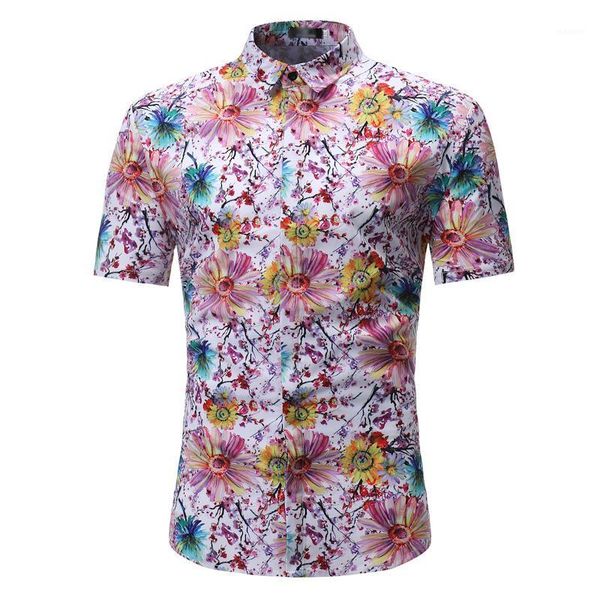 

summer new men's shirts short sleeve floral male shirt casual slim turn-down collar cotton t0461, White;black