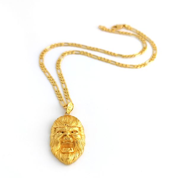 Ltalian figaro link cadeia colar pingente cabeça sol wukong bonito macaco rei nos homens maciço ouro gf 4 mm largura de moda jóias