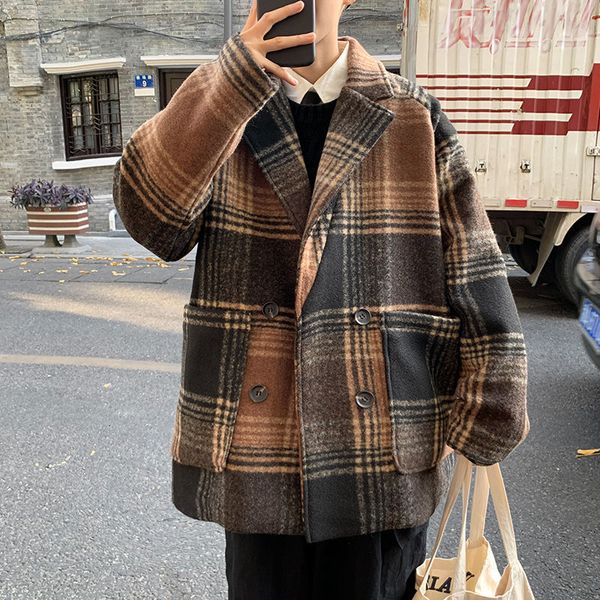 

street jacket men's bf ruffian handsome trend medium length plaid windbreaker autumn winter overcoat, Tan;black